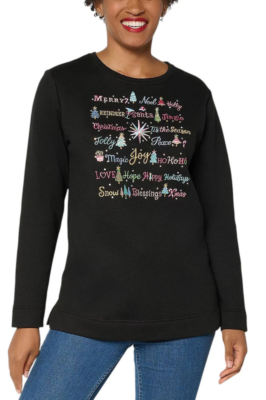 Quacker Factory Women's Merry & Bright Long Slv Sweatshirt Black - Plus